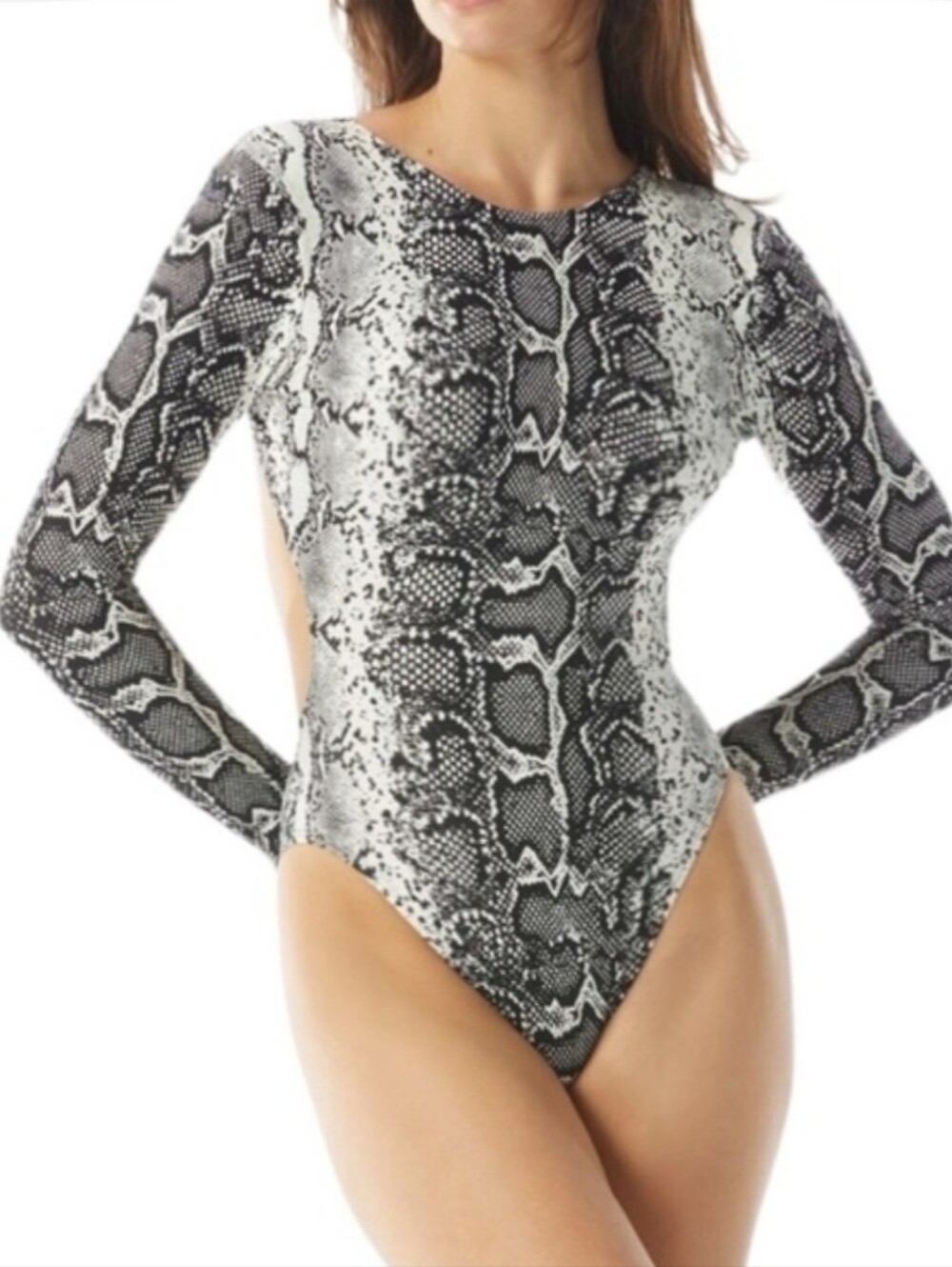 Vince Camuto Womens Backless Long Sleeve Snakeskin Pattern OnePiece Swimsuit (L)